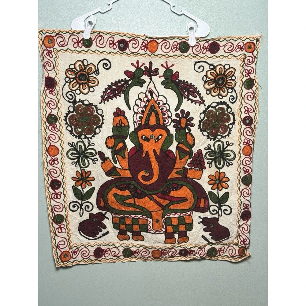 Vintage Embroidered Lord Ganesha Wall Hanging / Tapestry - 27” X 28”